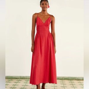 Farm Rio Large Linen Red Midi Cami Dress Beaded Tie Detail Smock Waist V Neck